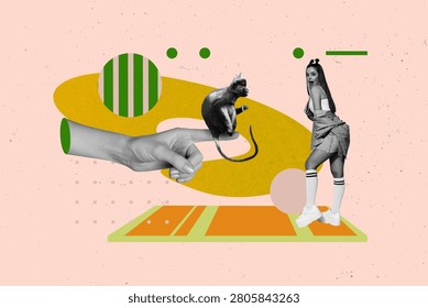 Composite art 3d creative image collage of happy girl stand safari park visitor mammal monkey animal hand pet friendly extinction.
