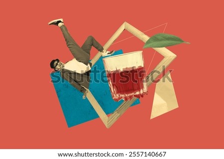 Composite art 3d creative image collage of happy old man dandy wear suit dance cognac glass toast celebration event friday party frame