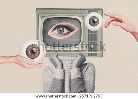 Composite art 3d creative image collage of anonym girl instead head tv device fake news eyeball spyware propaganda hand broadcast