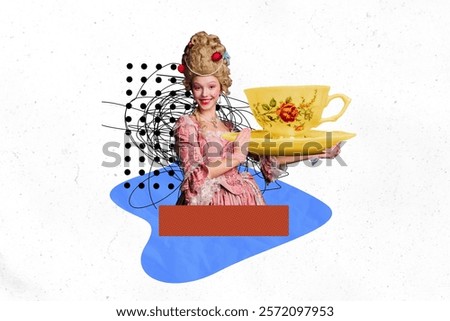 Composite art 3d creative image collage of happy duchess girl wear classical wig baroque dress hold saucer cup coffee beverage