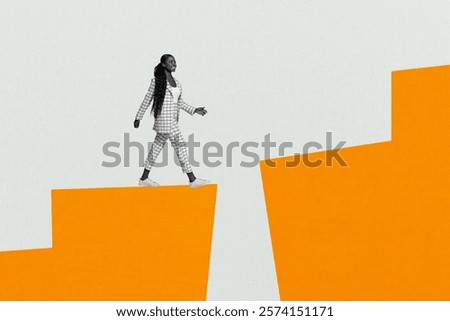Composite art 3d creative image collage of happy american girl walk career ladder obstacle determination success promotion growth