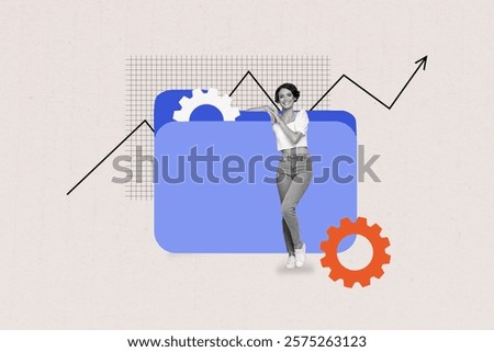 Composite art 3d creative image collage of happy businesswoman stand folder documentation arrow development gearwheel settings