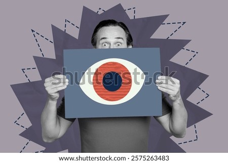 Composite art 3d creative image collage of astonished man hold placard eyeball stare third all-seeing eye control doodle