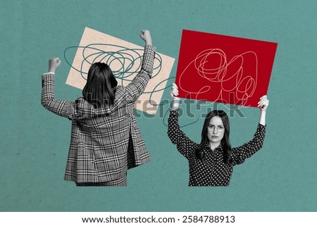 Composite art 3d creative image collage of two serious girls hold placard stand back fist gesture feminism holiday strike power