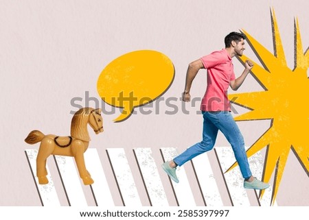 Composite art 3d creative image collage of happy man run copyspace speech bubble communication retro horse toy carousel dialogue