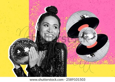Composite art 3d creative image collage of happy american girl hold shiny disco ball weekend part y event vinyl disk music hit