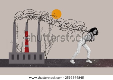 Composite art 3d creative image collage of puzzled american girl carry burden fabric air pollution emissions damage eco smog