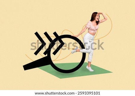 Composite art 3d creative image collage of happy girl hr lookout magnifier lens vacancy search zoom employment detective agent