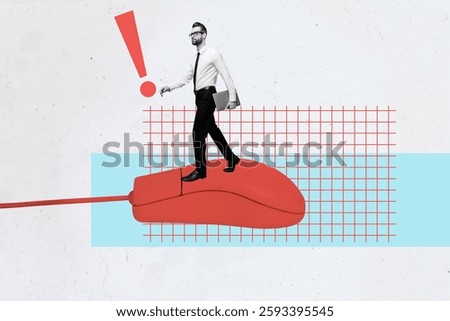 Composite art 3d creative image collage of serious businessman walk mouse cable tool computer desktop carry laptop exclamation mark
