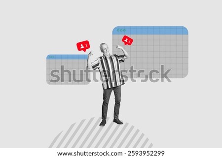 Composite art 3d creative image collage of happy old man show biceps power stand webpage browser date website blogging heart reaction