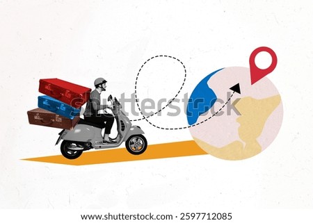 Composite art 3d creative image collage of happy guy ride retro motorcycle globe earth geolocation icon route carry suitcase
