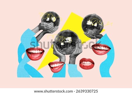 Composite art 3d creative image collage of headless people crowd invisible head mouth smile hand hold disco ball party friday event