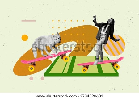 Composite art 3d creative image collage of happy girl guy stand longboard skate-park hipster hobby wild wolf domestic dog handler.