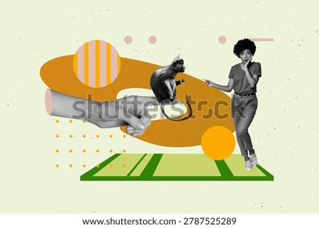 Composite art 3d creative image collage of happy girl stand safari park visitor mammal monkey animal hand pet friendly extinction.