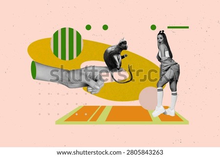 Composite art 3d creative image collage of happy girl stand safari park visitor mammal monkey animal hand pet friendly extinction.