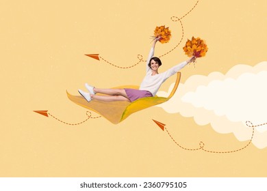 Composite art collage illustration of funny young woman flying airplane october carefree collect leaves isolated on beige background