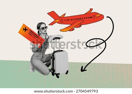 Composite artwork 3D collage trend template of youngwoman sit hold ticket plane airport bag vacation tourism travel abroad global agency.