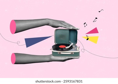 Composite artwork 3d image collage of hands show retro vinyl disk player celebration meloman melody note concert performance hit