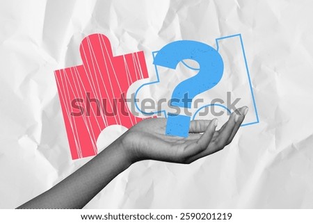 Composite artwork 3d image collage of hand hold question mark brainstorm ponder puzzle pair build connection strategy idea