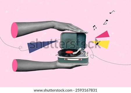 Composite artwork 3d image collage of hands show retro vinyl disk player celebration meloman melody note concert performance hit