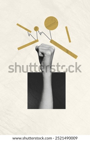 Composite artwork 3D sketch image collage of workspace monochrome silhouette huge hand arm appear show gesture fist power strong straight