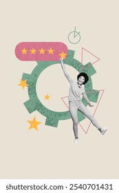 Composite artwork collage of copyspace young lady miniature stand arm hold target goal arrow trader business star rate recommendation