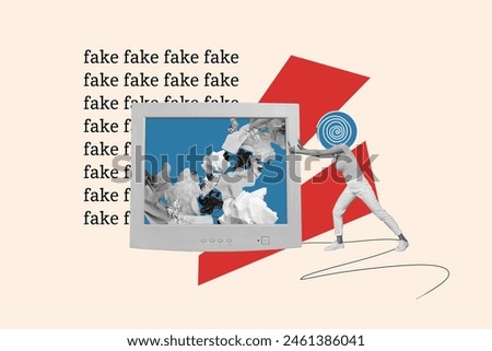 Composite artwork collage image of mini girl push big screen fake news isolated on creative background