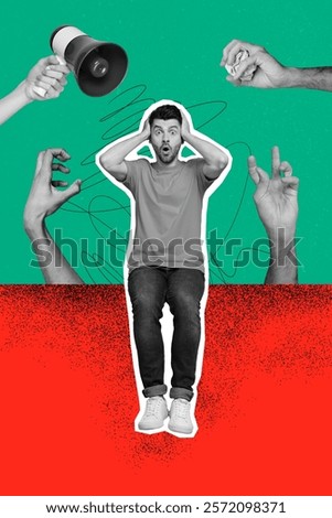 Composite artwork collage template sketch of silhouette young man shocked face hand hold loudspeaker hand gesture catch grab harassment