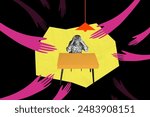 Composite artwork sketch image collage of monochrome aged lady sad headache sit table office dark night lamp light hand reach bully danger