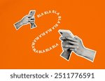 Composite artwork sketch image photo collage of monochrome people hands hold smartphone type chatting gossip rumors bla word line