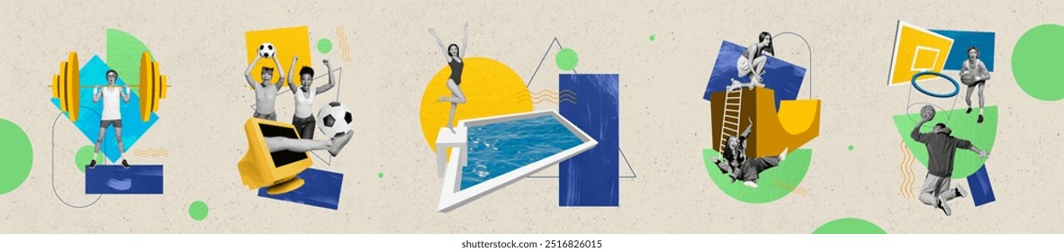 Composite artwork sketch image photo collage of horizontal panorama summer season sport outdoors swimming pool soccer basketball game - Powered by Shutterstock