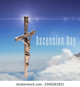 Composite of ascension day text and crucifix against blue sky on sunny day, copy space. digital composite, belief, christianity, tradition, religion, celebration. - Powered by Shutterstock