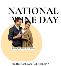 Composite of biracial couple with wineglasses and national wine day, uncork, unwind and enjoy text. White background, copy space, love, together, alcohol, wine, drink, enjoyment and celebration. - Powered by Shutterstock