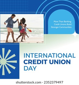 Composite of biracial parents enjoying with children at beach and international credit union day. Text, love, family, together, awareness, banking, financial cooperative, promote and celebrate. - Powered by Shutterstock