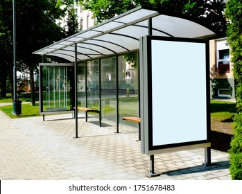 Composite Bus Shelter. Blank Poster Ad And Billboard Lightbox. Background Image For Mock-up. Replace With Your Own Ad. Raster Type Empty White Place Holder. Bust Stop. Transit And Transportation.