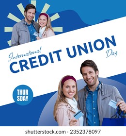 Composite of caucasian couple with credit card and thursday, international credit union day text. Love, together, awareness, financial cooperative, credit union, banking, promote and celebrate. - Powered by Shutterstock