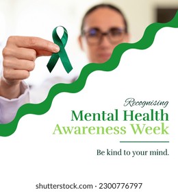 Composite of caucasian doctor holding green ribbon and recognising mental health awareness week text. Be kind to your mind, hand, depression, support, education, healthcare and awareness concept. - Powered by Shutterstock