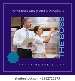 Composite of caucasian male boss with checklist listening to woman in warehouse and happy boss's day. To the boss who guides and inspires us, inventory, appreciation, hard work and celebrate. - Powered by Shutterstock
