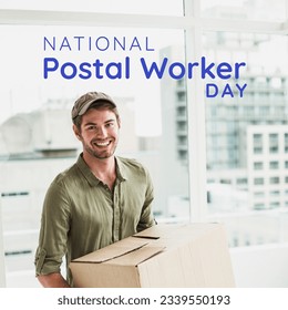 Composite of caucasian young postal worker with cardboard box and national postal worker day text. portrait, national postal worker day, delivery, mail and appreciation concept. - Powered by Shutterstock