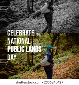 Composite of celebrate national public lands day text over asian woman in forest. National public lands day, beauty in nature and landscape concept digitally generated image. - Powered by Shutterstock