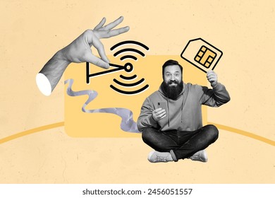 Composite collage of beige background black white silhouette young man carry hand hold smartphone internet antenna signal global contact - Powered by Shutterstock