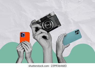 Composite collage of black white colors people arms hold smart phone retro photo camera isolated on grey crumpled paper background - Powered by Shutterstock