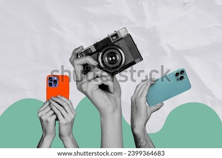 Composite collage of black white colors people arms hold smart phone retro photo camera isolated on grey crumpled paper background