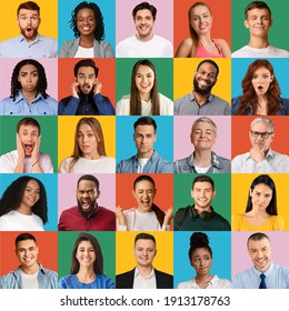 Composite Collage Of Different Human Facial Expressions And Emotions Of Young Diverse People. Mosaic Set Of Many Positive And Negative Female Male Feelings. Banner On Colorful Background