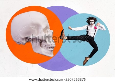Composite collage of excited crazy guy jumping leg kick huge skull isolated on painted creative background