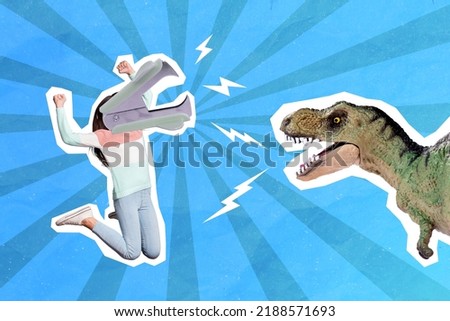 Composite collage of girl stationery supply instead head argue fight dinosaur isolated on painted blue background