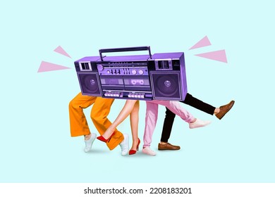 Composite collage of group people legs dancing big boombox isolated on creative painted background