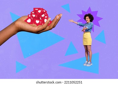 Composite Collage Illustration Of Excited Mini Girl Receive Big Arm Hold Like Notifications Facebook Instagram Whatsup Isolated On Drawing Background