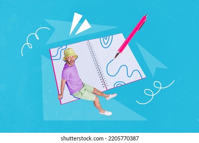 Composite Collage Illustration Of Little Guy Sitting Opened Copybook Pen Write Drawing Isolated On Blue Background