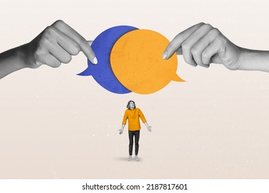 Composite collage illustration of small clueless guy shrug shoulders look two big arms hold dialogue bubble - Shutterstock ID 2187817601